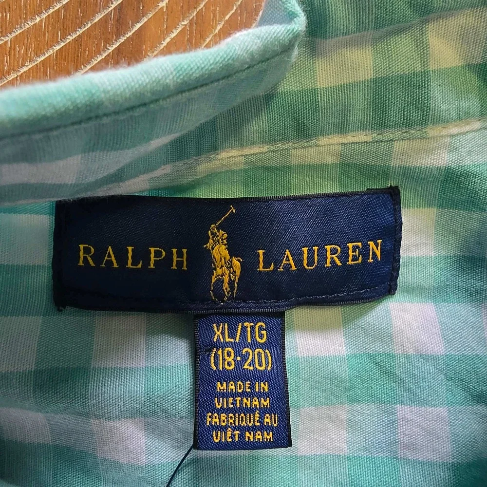Ralph Lauren Boys XL 18-20 Mint Green Gingham Checkered Button Down Shirt NWT